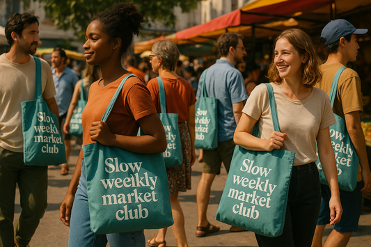 Menschen laufen mit einem Beutel rum aus lokaler Wertschöpfung
